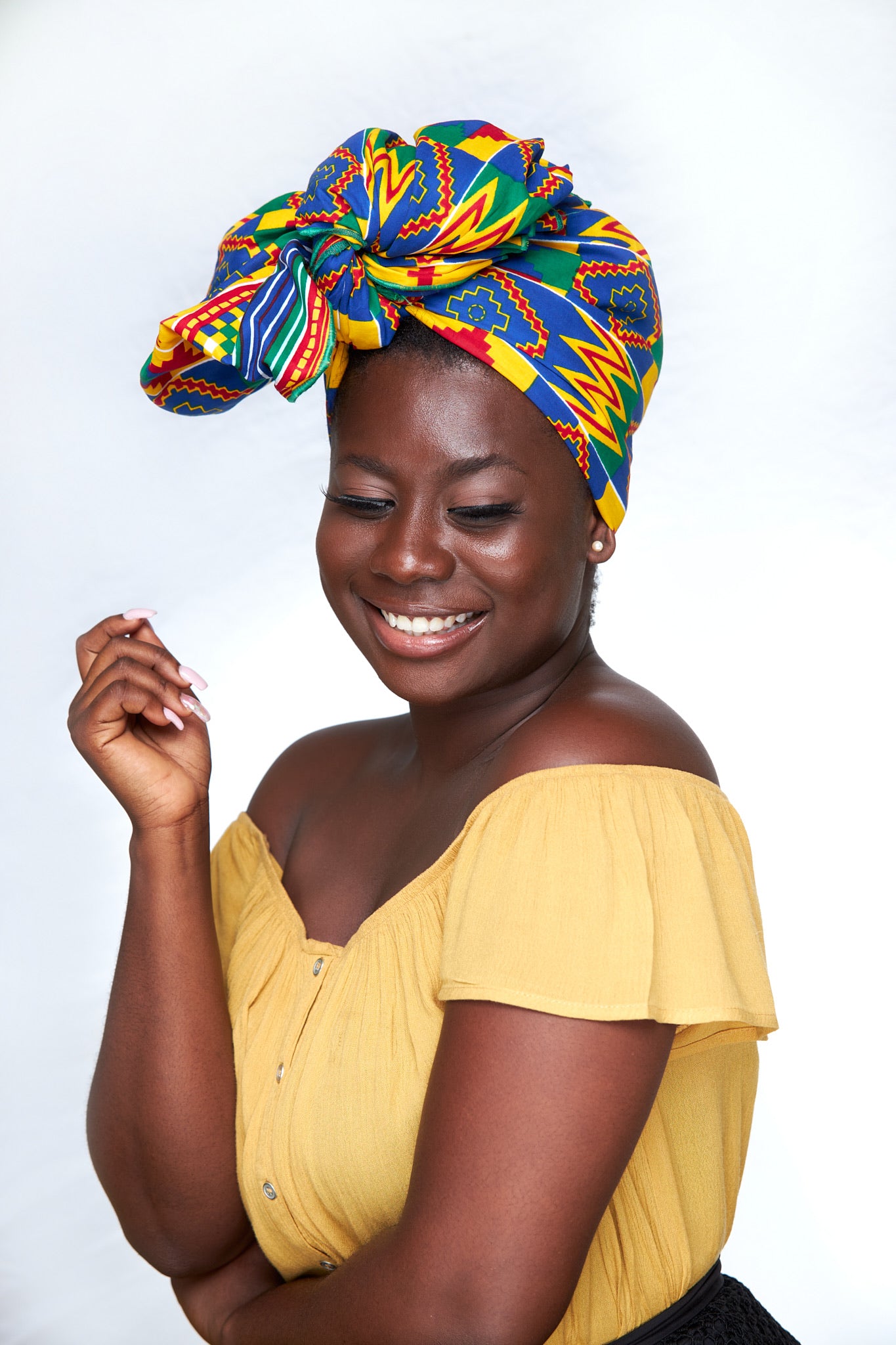 Ghanaian Kente High Quality Print with Blue, Red,Yellow, Green, Coloured Print Adinkira Designed Symbol Detachable Silklined Headwrap