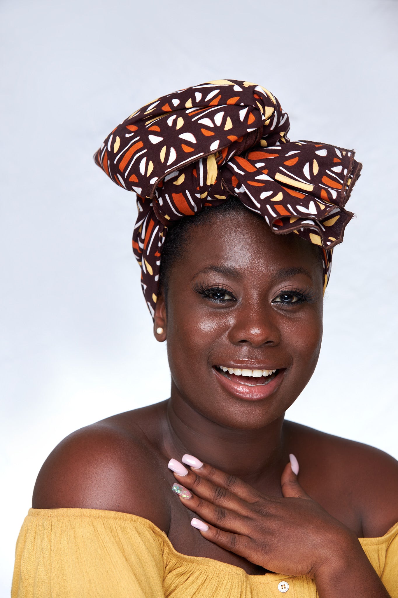 Brown, white and gold Coloured Well made Bogolan Print Detachable Silklined Headwrap