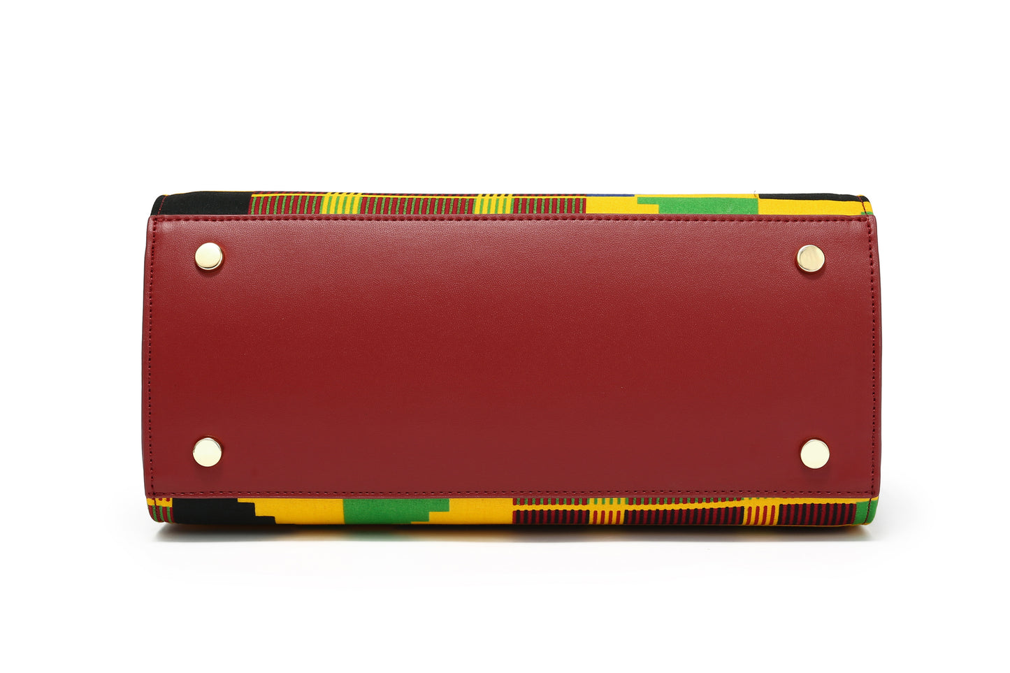 Red, gold, green,blue, black, African Kente Print Handbag, BrownLeather Handle, zipper, Spacious Easy to Handle African Print Handbag