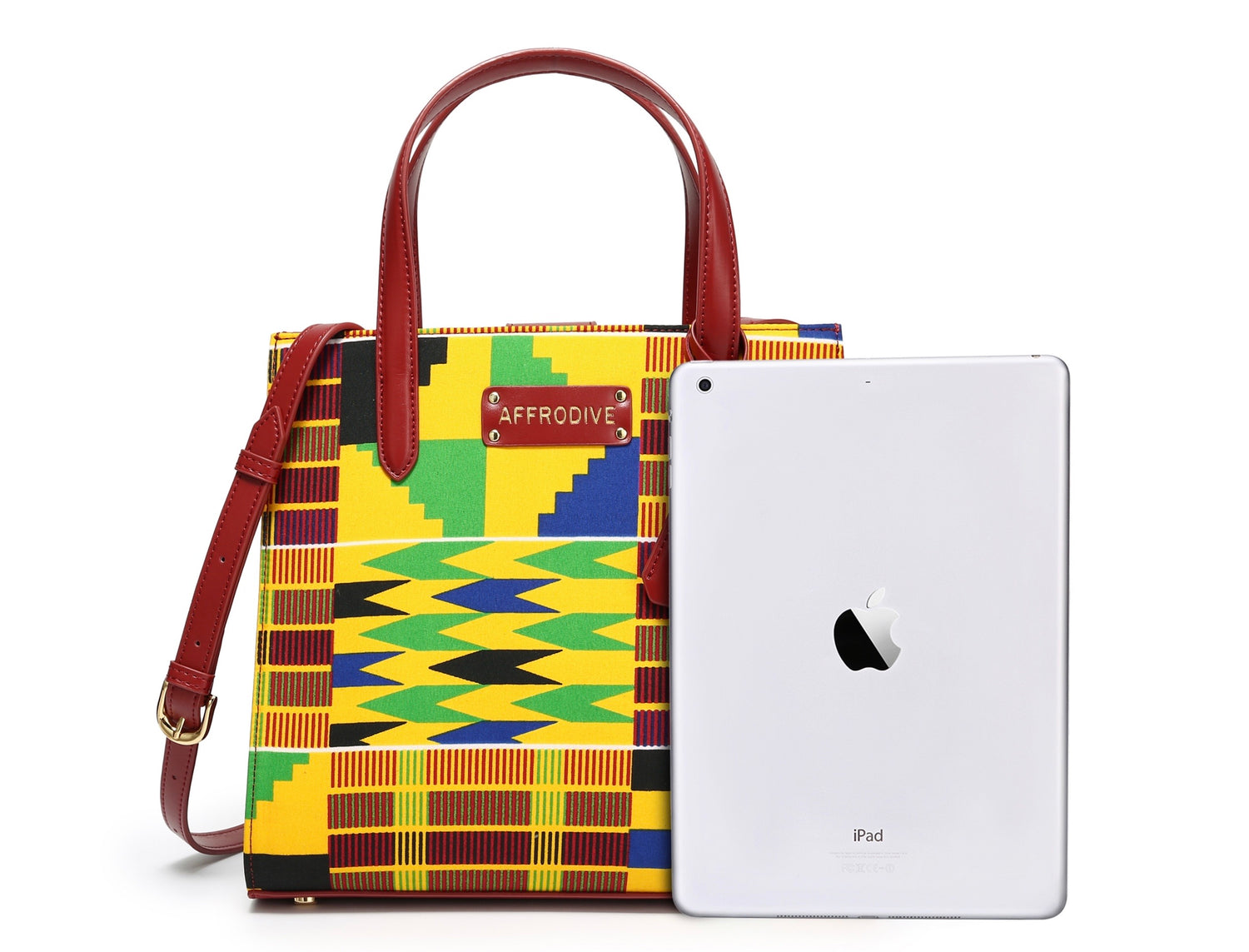 Red, gold, green,blue, black, African Kente Print Handbag, BrownLeather Handle, zipper, Spacious Easy to Handle African Print Handbag