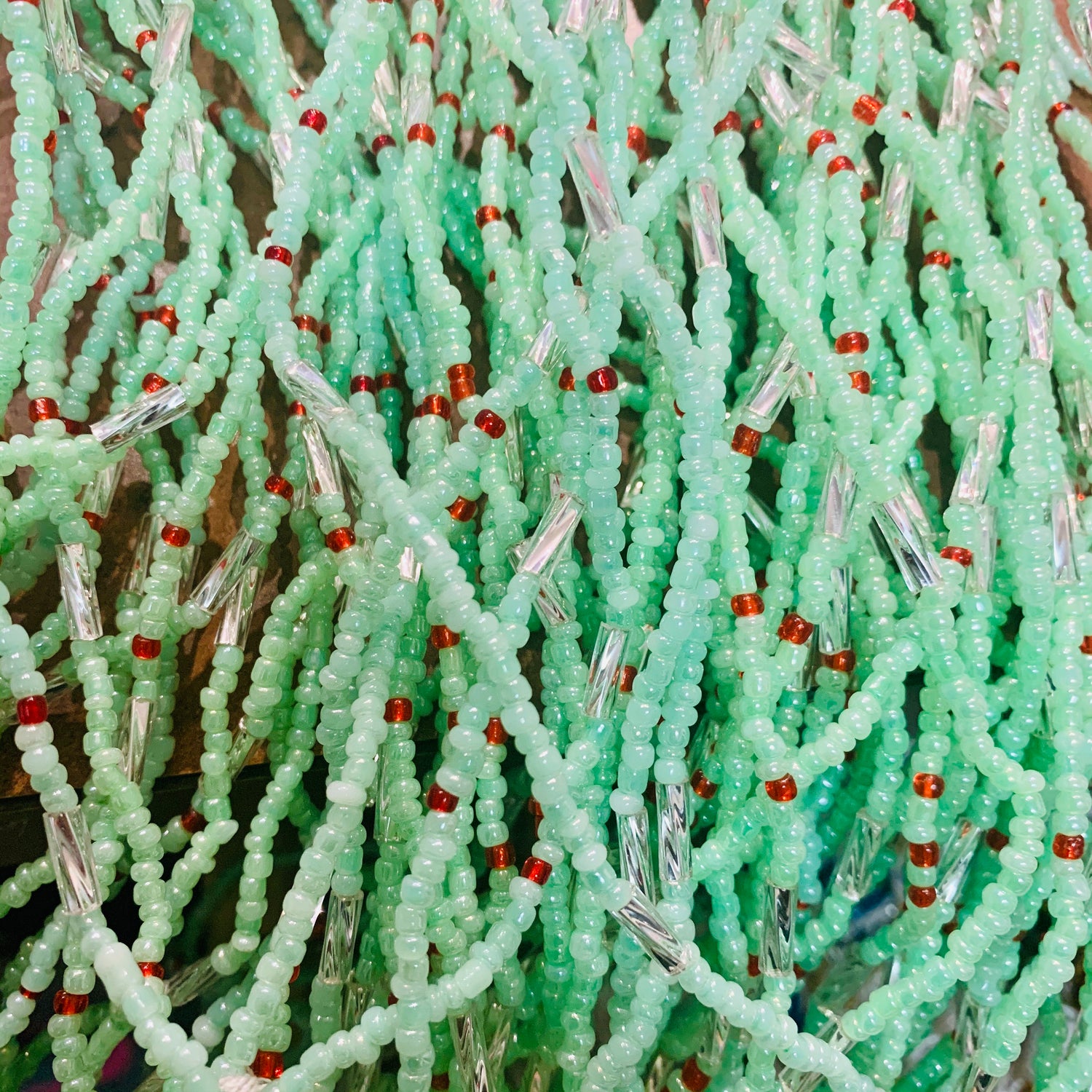 46 Inches Green And Red Glass beads With Silver bars Tie on waist beads