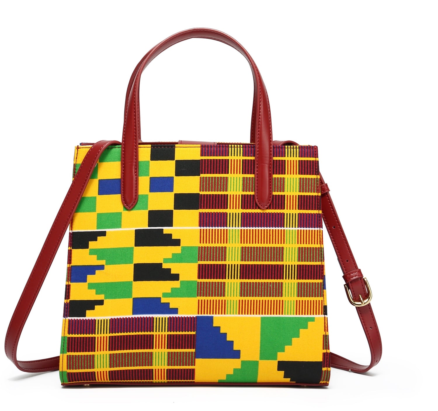 Red, gold, green,blue, black, African Kente Print Handbag, BrownLeather Handle, zipper, Spacious Easy to Handle African Print Handbag