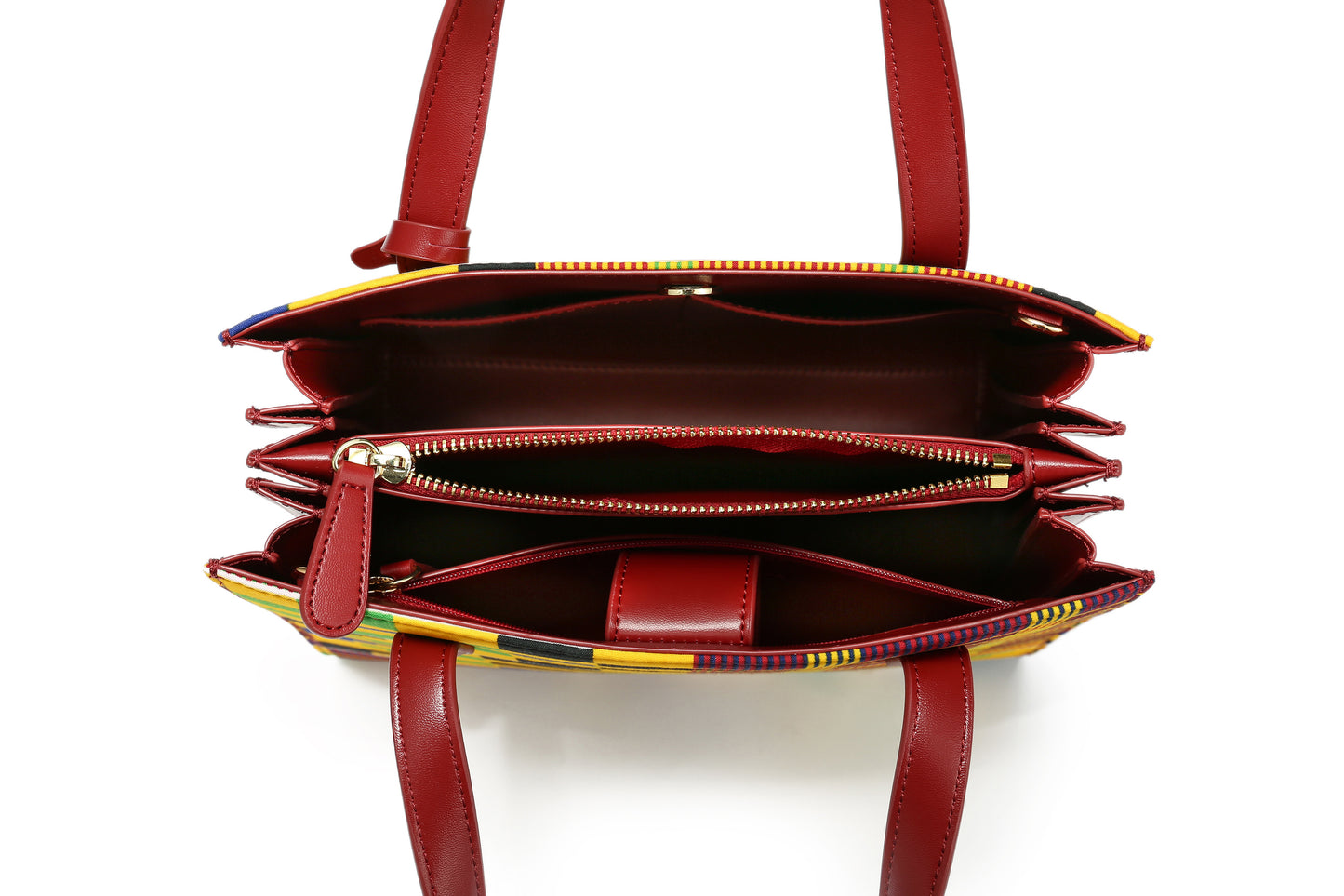 Red, gold, green,blue, black, African Kente Print Handbag, BrownLeather Handle, zipper, Spacious Easy to Handle African Print Handbag