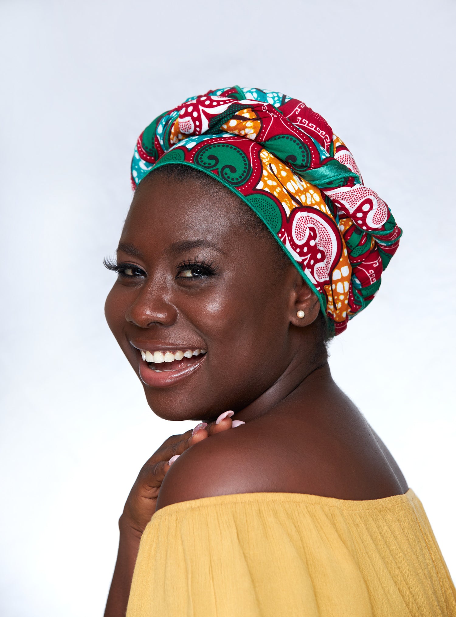Ankara Cotton wax Print Made of Red, Orange,Green White,abd Seablue Colours Beautifully Arranged Detachable Silklined Headwrap