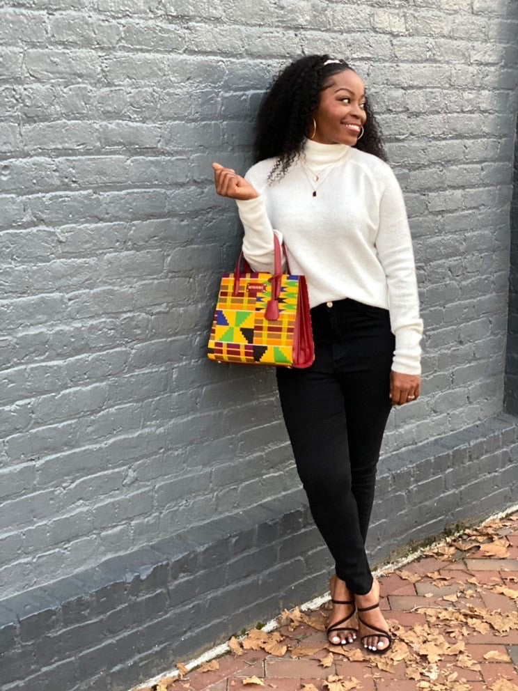 Red, gold, green,blue, black, African Kente Print Handbag, BrownLeather Handle, zipper, Spacious Easy to Handle African Print Handbag