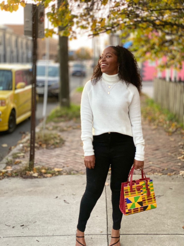 Red, gold, green,blue, black, African Kente Print Handbag, BrownLeather Handle, zipper, Spacious Easy to Handle African Print Handbag