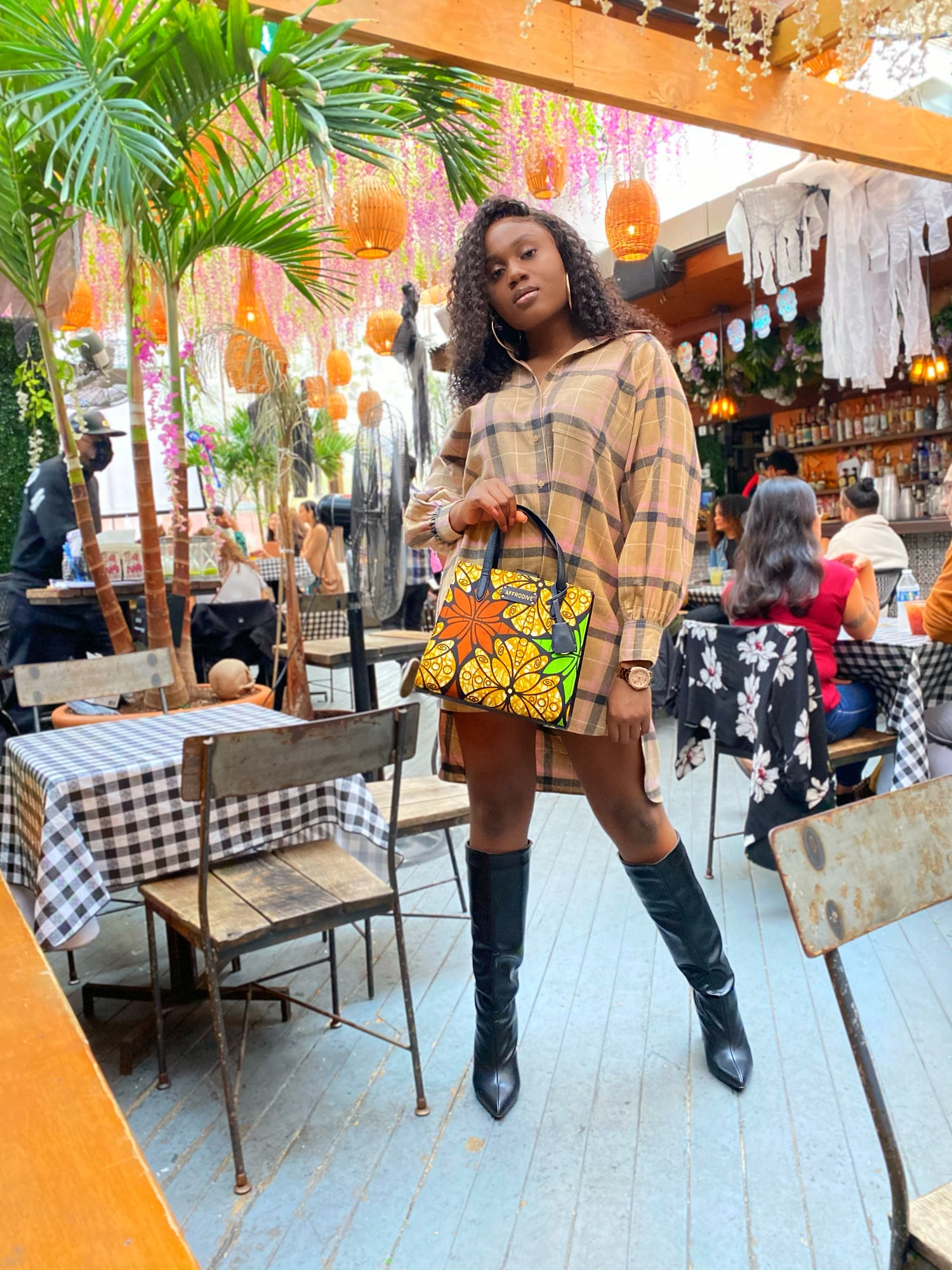 Gold,Brown Green Black and White Coloured African Ankara Print And Leather Handbag, Black Leather Handle, zipper, Spacious Easy to Handle African Print Handbag