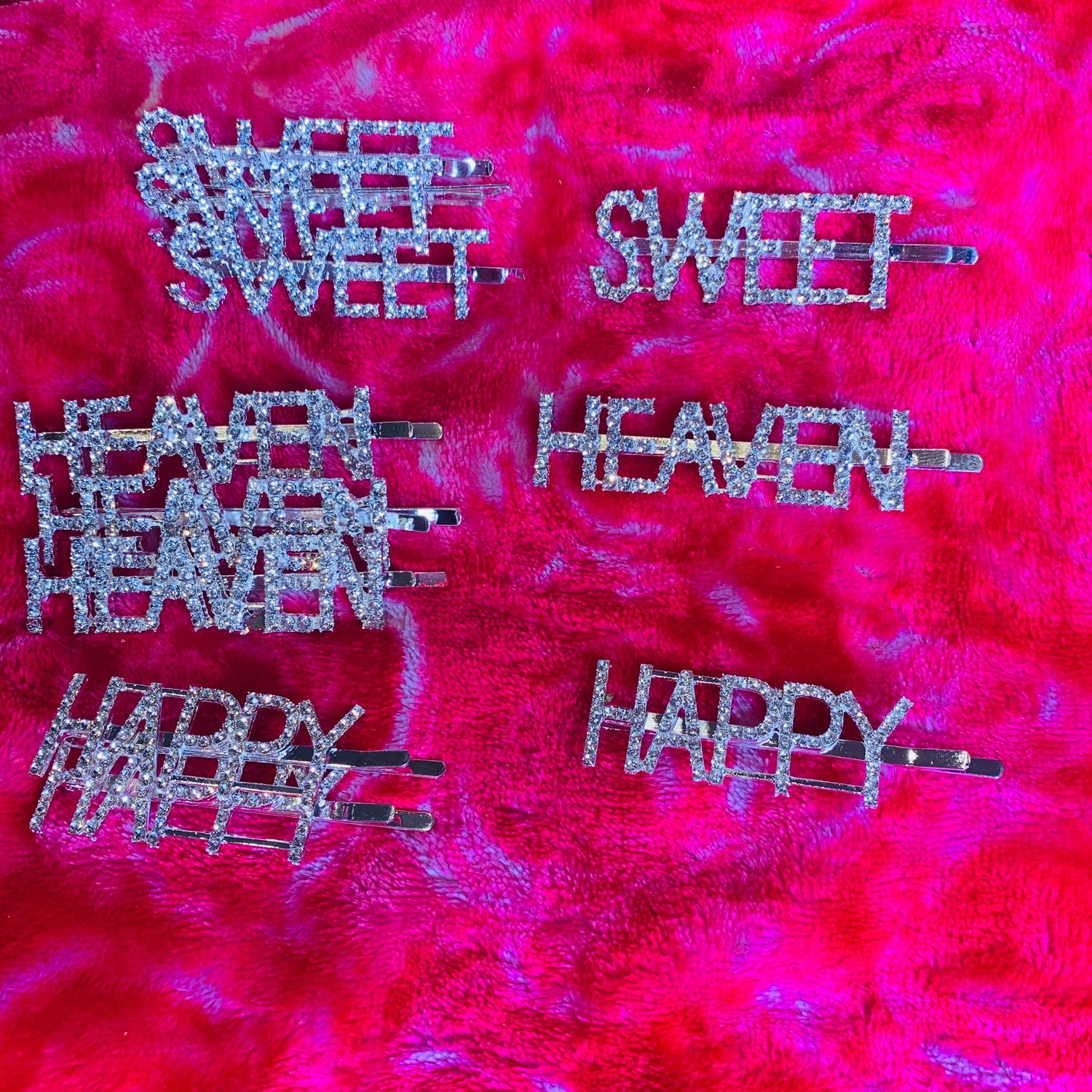 Words Hair Clip; Sweet Rhinestone Silver Hair Clip, Heaven Rhinestone Silver Hair Clip And Happy Rhinestone Silver Hair Clip