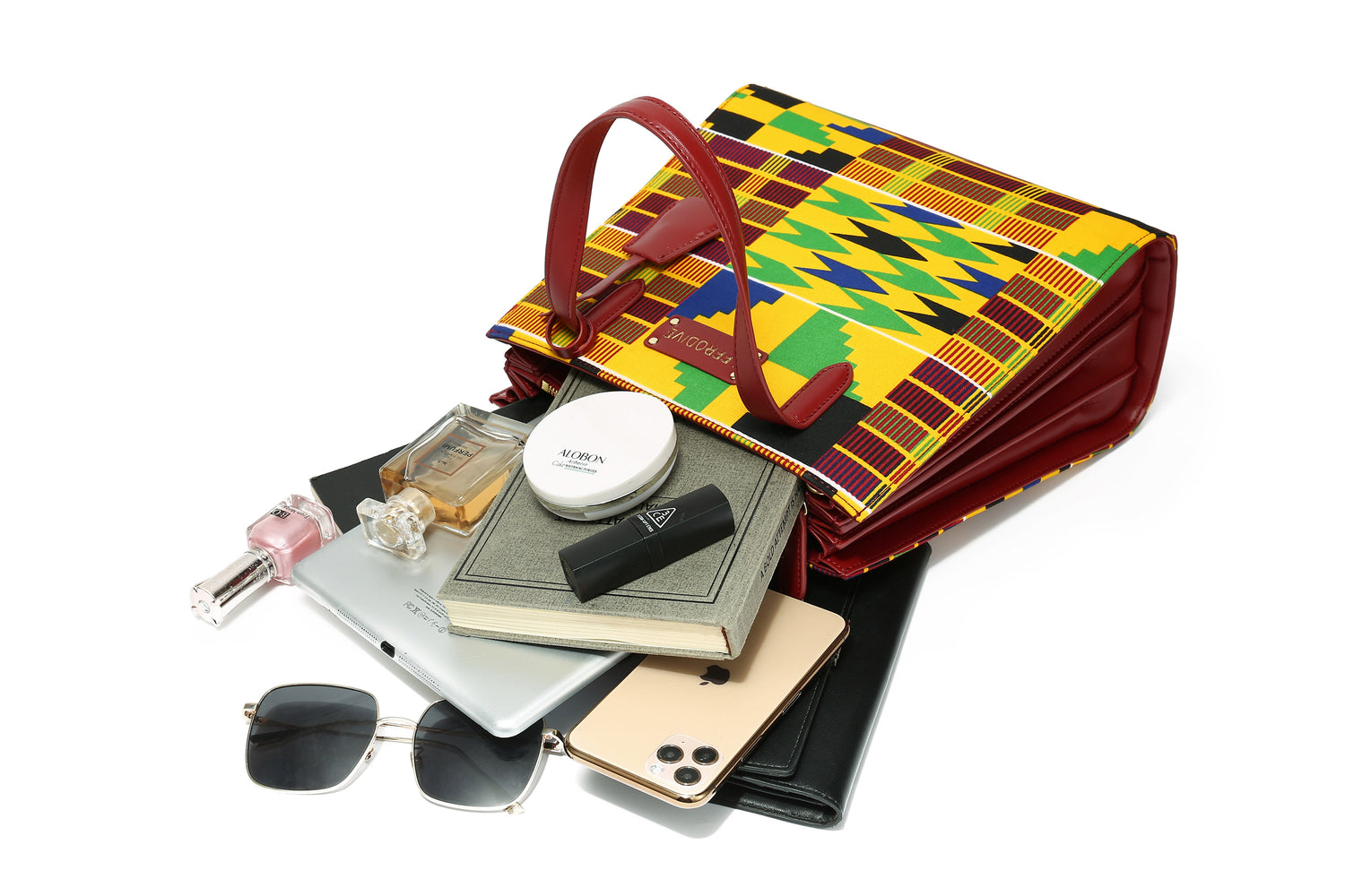 Red, gold, green,blue, black, African Kente Print Handbag, BrownLeather Handle, zipper, Spacious Easy to Handle African Print Handbag