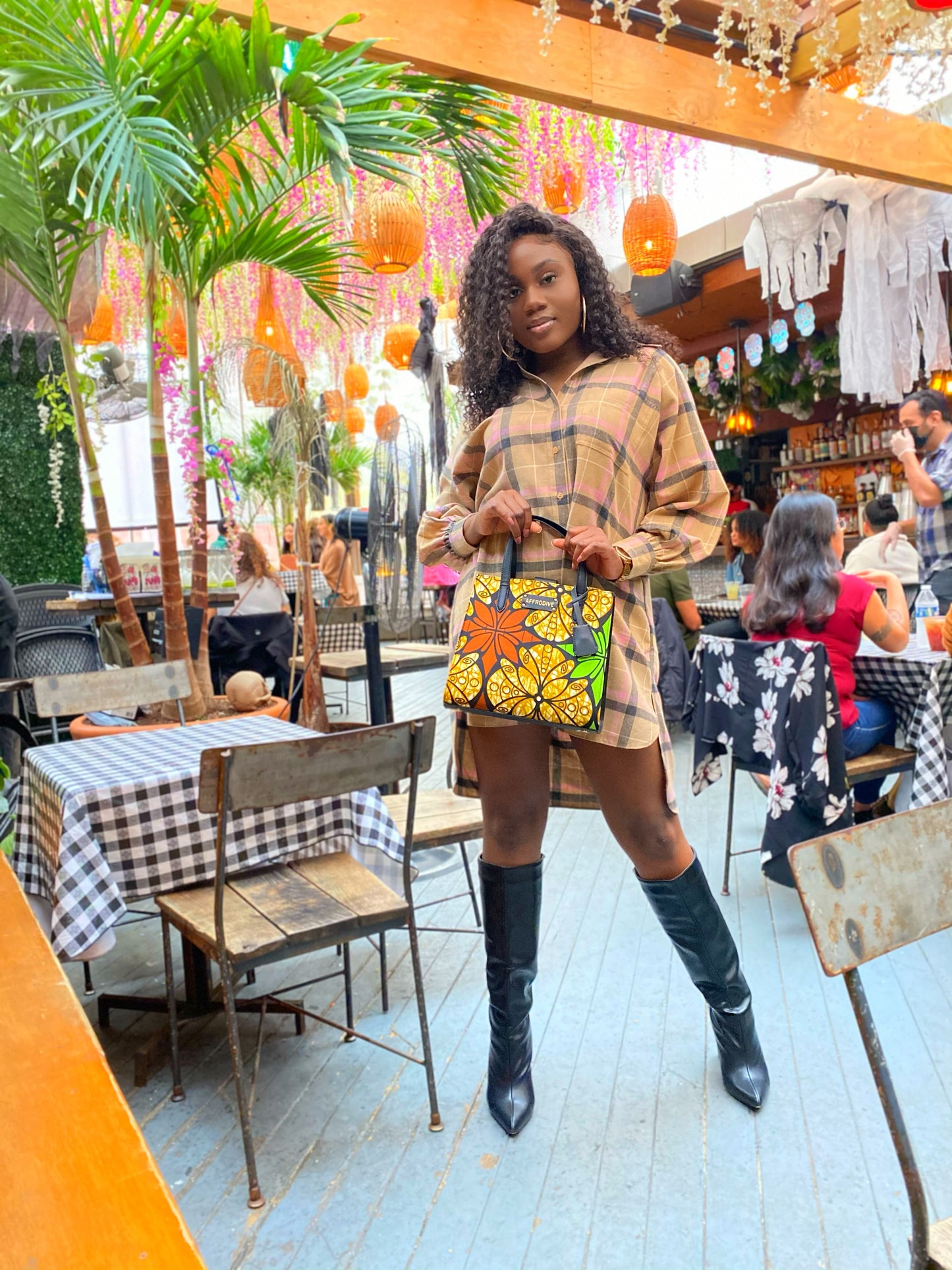 Gold,Brown Green Black and White Coloured African Ankara Print And Leather Handbag, Black Leather Handle, zipper, Spacious Easy to Handle African Print Handbag