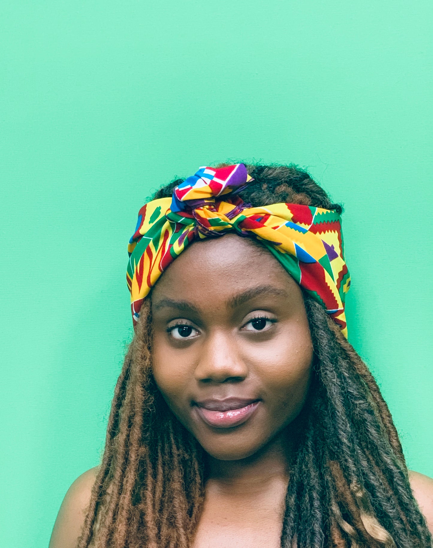 Purple, Yellow, Green, Red, And Blue Kente Print Silk Lined Detachable Head Wrap