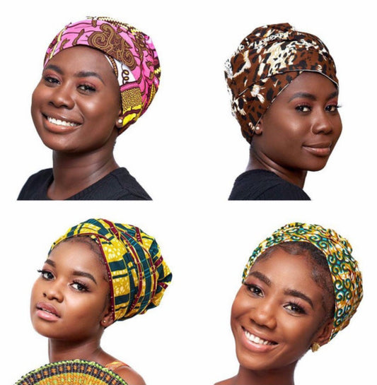 Wholesale (Bulk) Ankara/ Bogolan And Kente Silk Lined Bonnet With Band