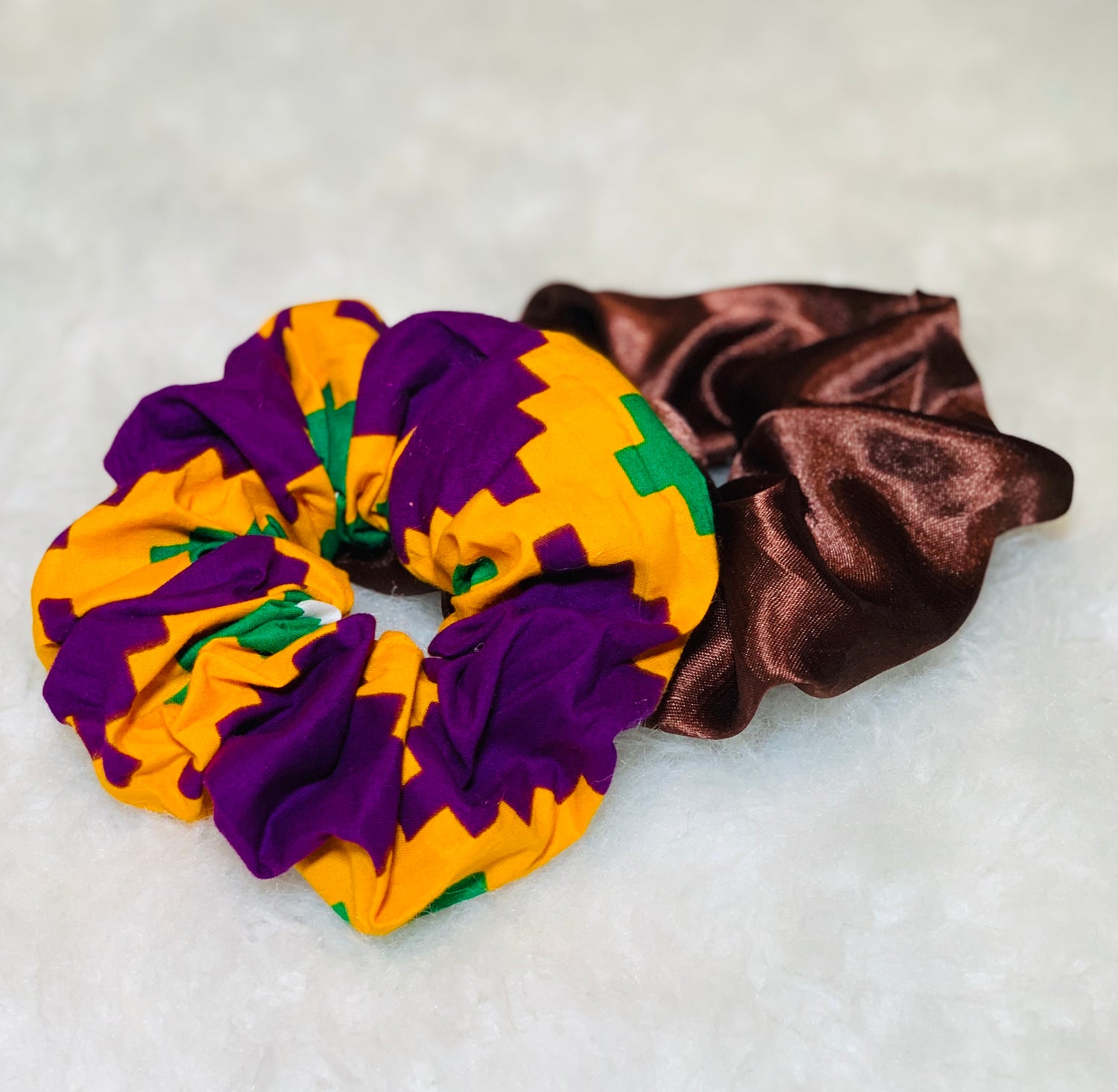 2 Different Color Scrunchie;  Purple Green And Yellow Scrunchie And Chocolate Color Scrunchie 