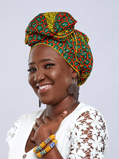 Ankara Print Beautifully Coloured with Green, Yellow,White Designed Detachable Silklined Headwrap