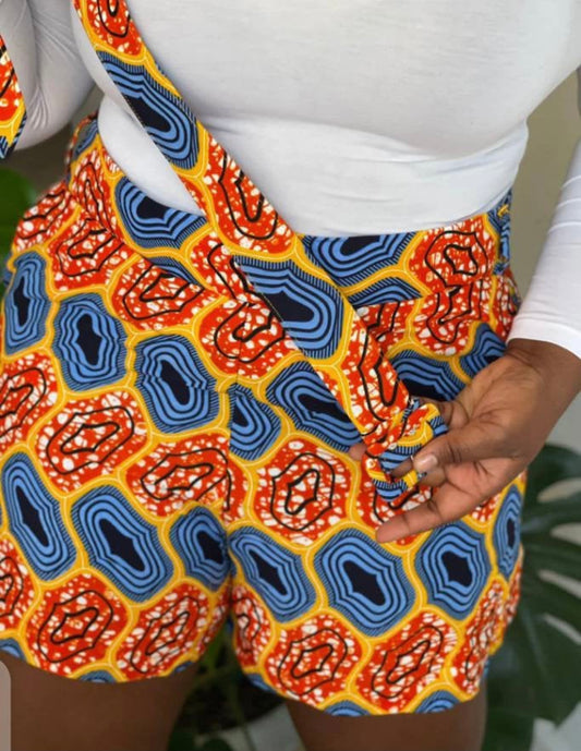 Orange, Blue, Yellow,Black and Dotted White Coloured Ankara Print High Waist Shorts With Belt