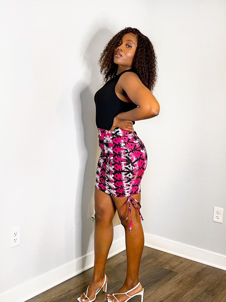 High Waist fit mini drawstring skirt made from Ghana batik tie and dye, pink and black beautiful designed  fabric.