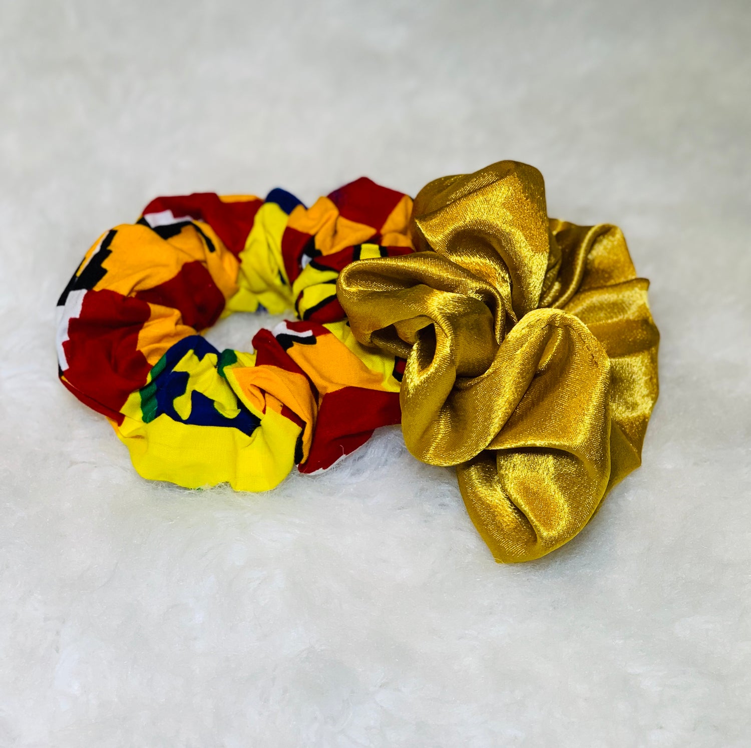 2 Different Color Scrunchie;  Red, Yellow , Blue And White Scrunchie And Gold Scrunchie