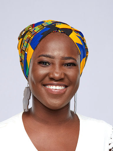 A Ghanaian Kente Wax Print Made of Blue, Green, Red ,Black and White Blended Beautiful Colours And Pattern, Hand Made Elastic Silklined Bonnet With Band
