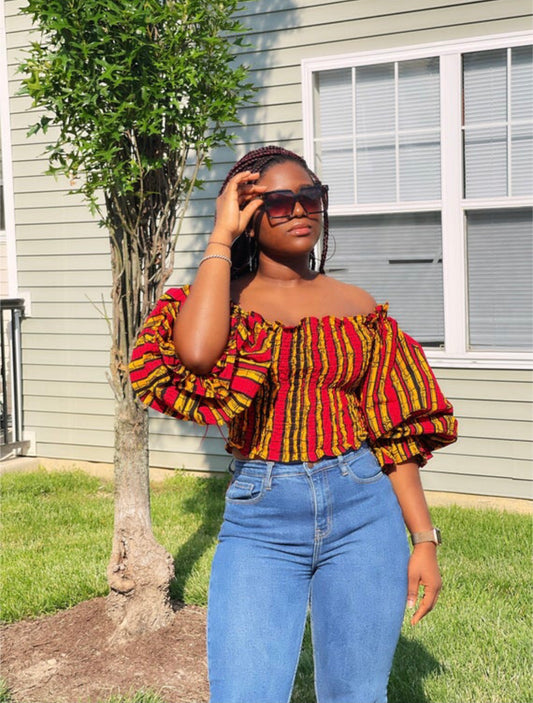 Red, Yellow And Black Coloured Ankara Print Shirred Off Shoulder Bishop Sleeve Elastic Top