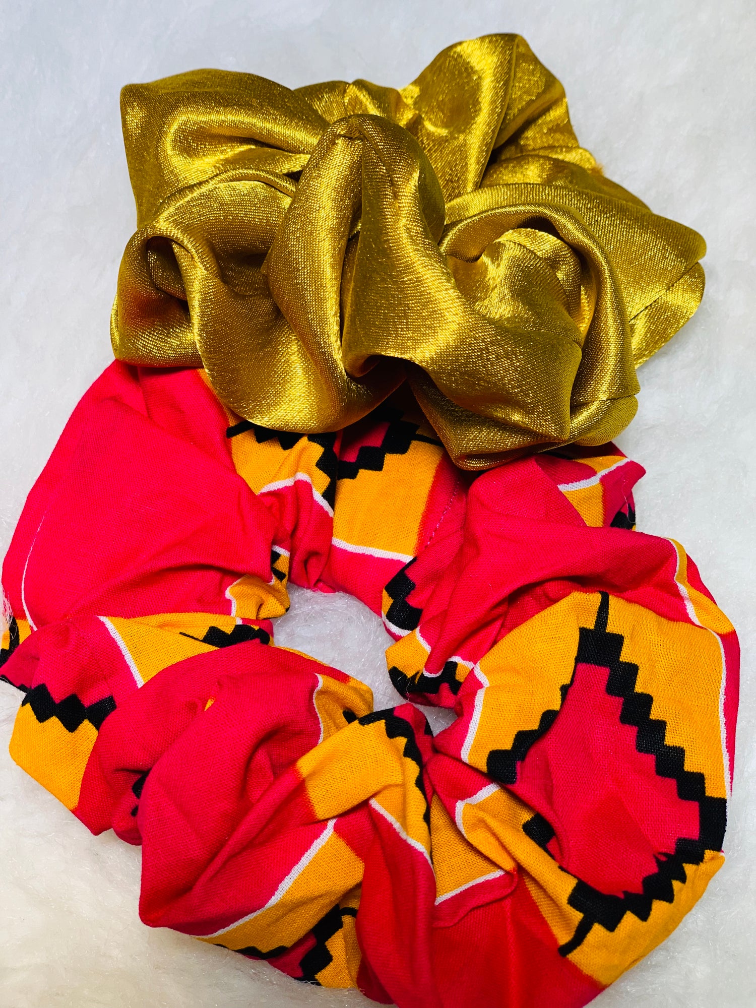 One Gold Large Scrunchie And One Red, Cream And Black Large Scrunchie 