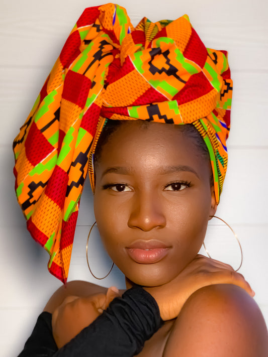 Lemon Green,Blue, Orange, Black And Red Kente Print Silk Lined Detachable Head wrap