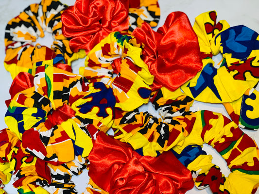 8 Different Colored Scrunchies including Red, Deep Blue , White , Wine And Sea Blue Large Scrunchie , One Purple Green And Yellow Large Scrunchie And One Red ,Yellow , Blue, Black And Green large Scrunchie