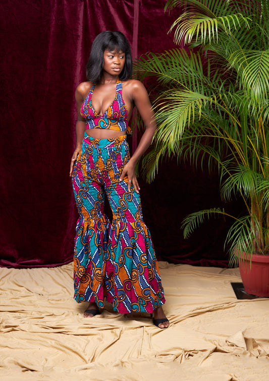 A blend of Blue, Red And Orange Ankara Print Stretchy Tube Back Tie Top With it Matching Stretchy Palazo Pant African Style