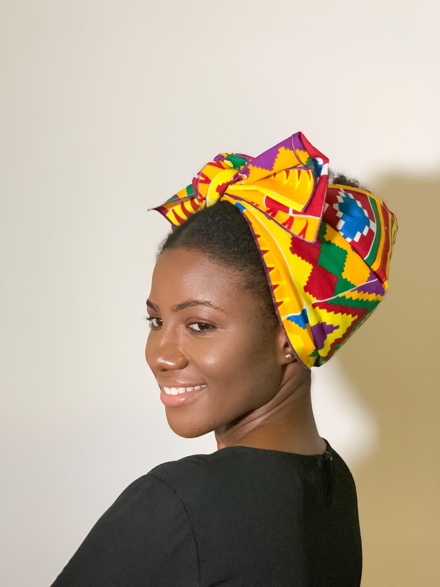 Purple, Yellow, Green, Red, And Blue Kente Print Silk Lined Detachable Head Wrap