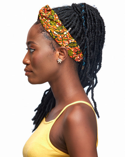 Orange , White and Green Leaf Ankara Print Interlock Headband