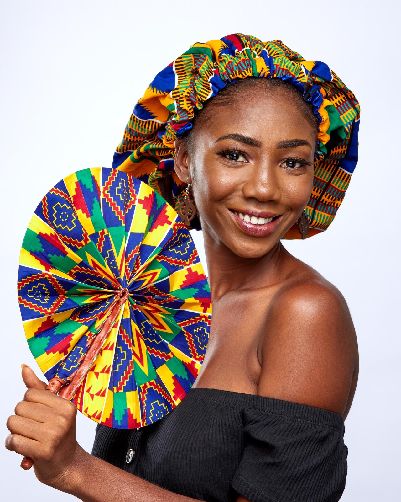 Yellow, Green, Red, black And Blue Kente Print With Blue Silk Lined Hair Bonnet