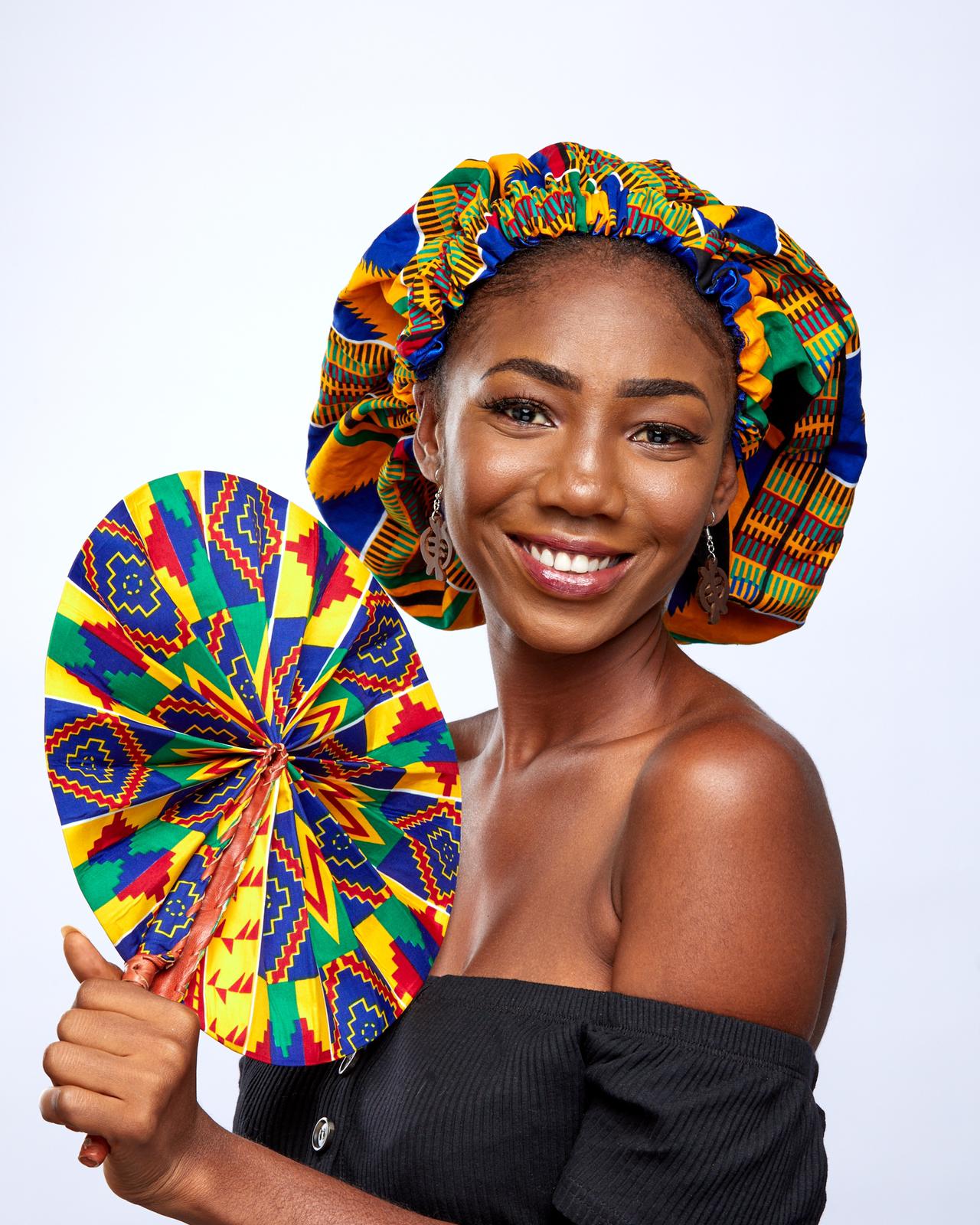 Yellow, Green, Red, black And Blue Kente Print With Blue Silk Lined Hair Bonnet