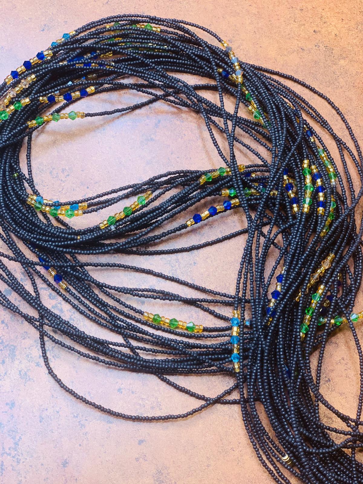 48 Inches Micro Blue Black Beads With Gold, Blue And Green Pebble Bar Removable Screw Waist Beads