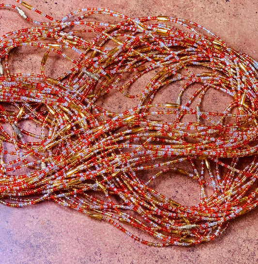 48 Inches Red Clear Crystal And Gold beads With Gold Pebble Removable Screw Waist Beads