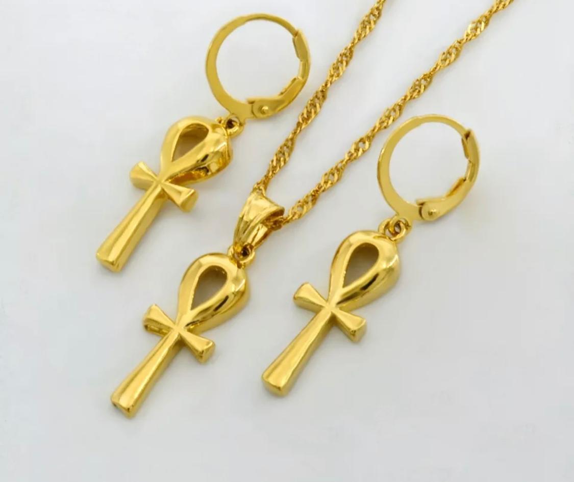 Ankh Pendant Necklace And Earing Set-Gold Color Egyptian Cross Jewelry Women Egypt Hieroglyphs,Crux Ansata