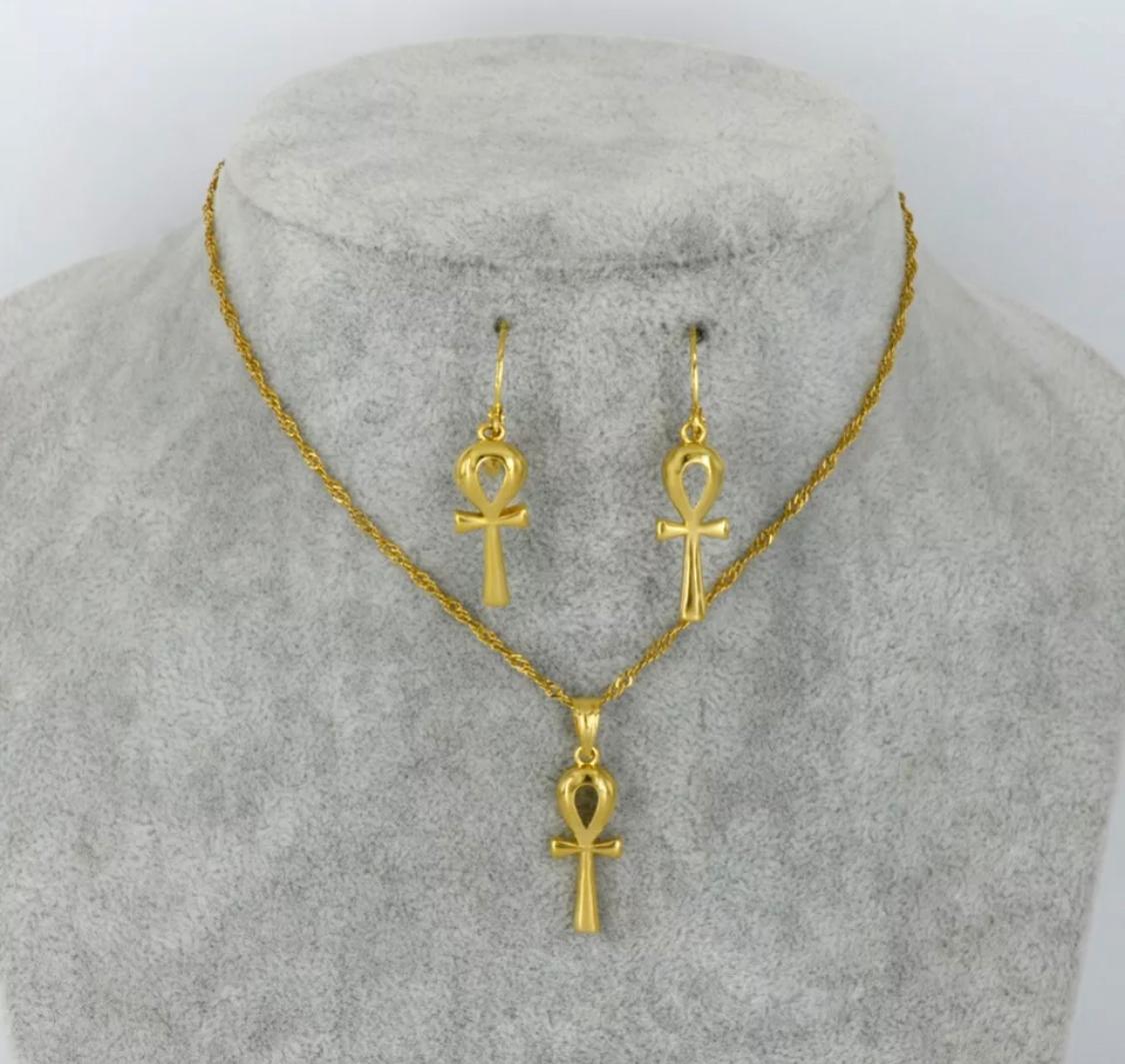 Ankh Pendant Necklace And Earing Set-Gold Color Egyptian Cross Jewelry Women Egypt Hieroglyphs,Crux Ansata