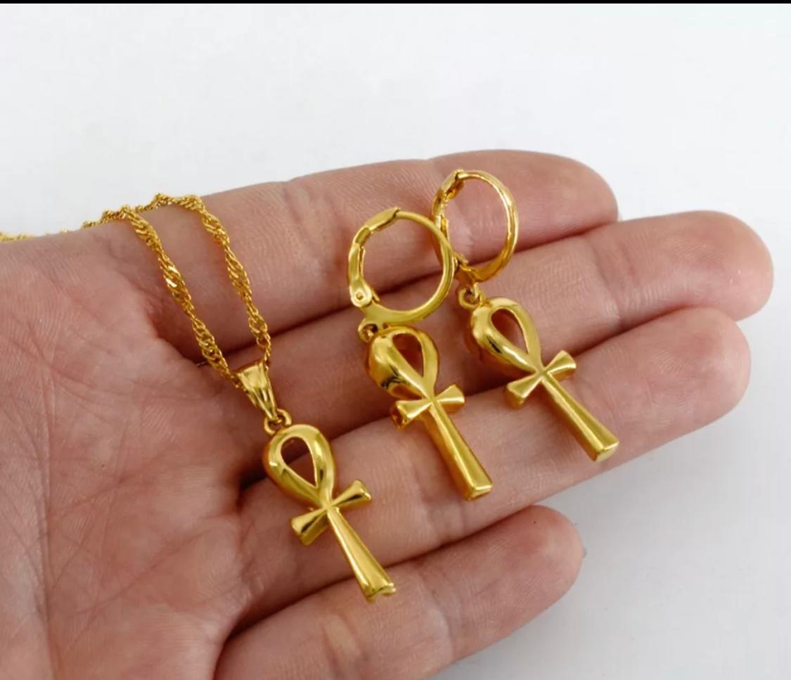 Ankh Pendant Necklace And Earing Set-Gold Color Egyptian Cross Jewelry Women Egypt Hieroglyphs,Crux Ansata