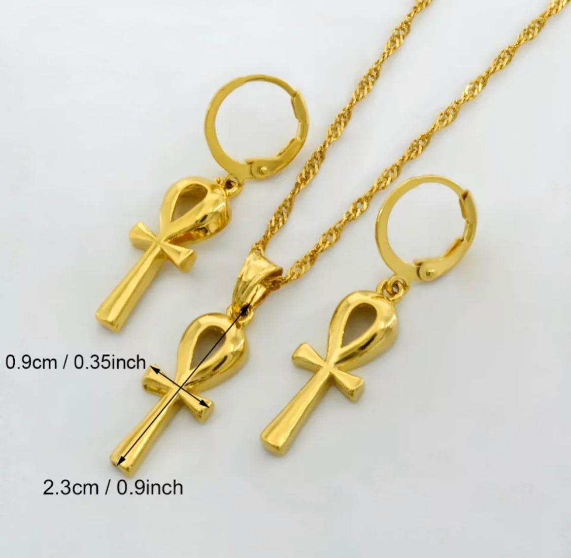 Ankh Pendant Necklace And Earing Set-Gold Color Egyptian Cross Jewelry Women Egypt Hieroglyphs,Crux Ansata