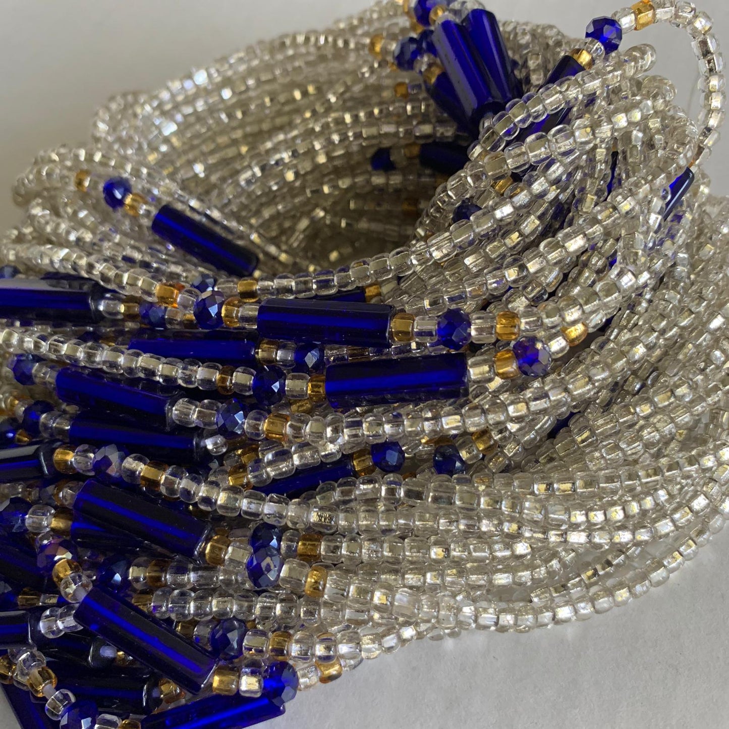 46 Inches Gold And Clear Crystal Beads With Blue Pebble Bar tie on waist beads