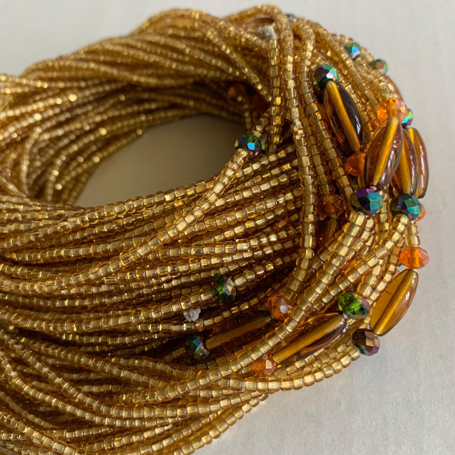 46 Inches Gold Beads with Gold And Green Pebble Bars Tie On Waist Beads