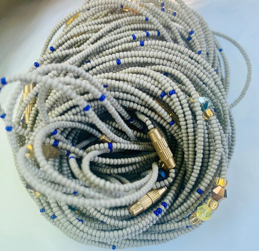48 Inches Pure White And Few Blue Beads With Gold Pebble Bar Removable Screw Waist Beads
