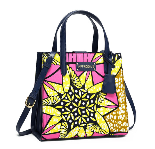 Pink,Gold, Yellow,Black and White Coloured African Ankara Print And Leather Handbag, Blue-Black Leather Handle, zipper, Spacious Easy to Handle African Print Handbag