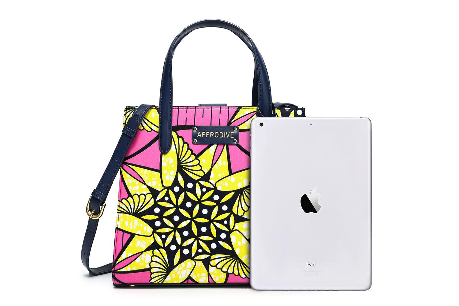 Pink,Gold, Yellow,Black and White Coloured African Ankara Print And Leather Handbag, Blue-Black Leather Handle, zipper, Spacious Easy to Handle African Print Handbag