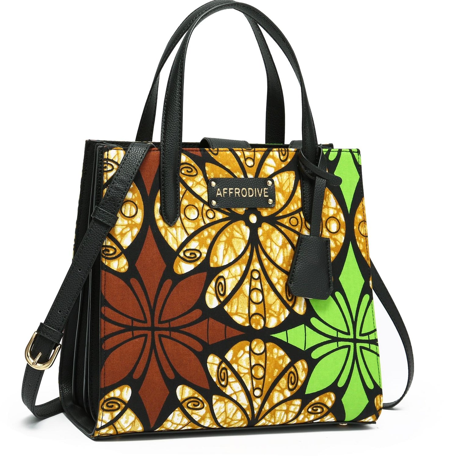 Gold,Brown Green Black and White Coloured African Ankara Print And Leather Handbag, Black Leather Handle, zipper, Spacious Easy to Handle African Print Handbag