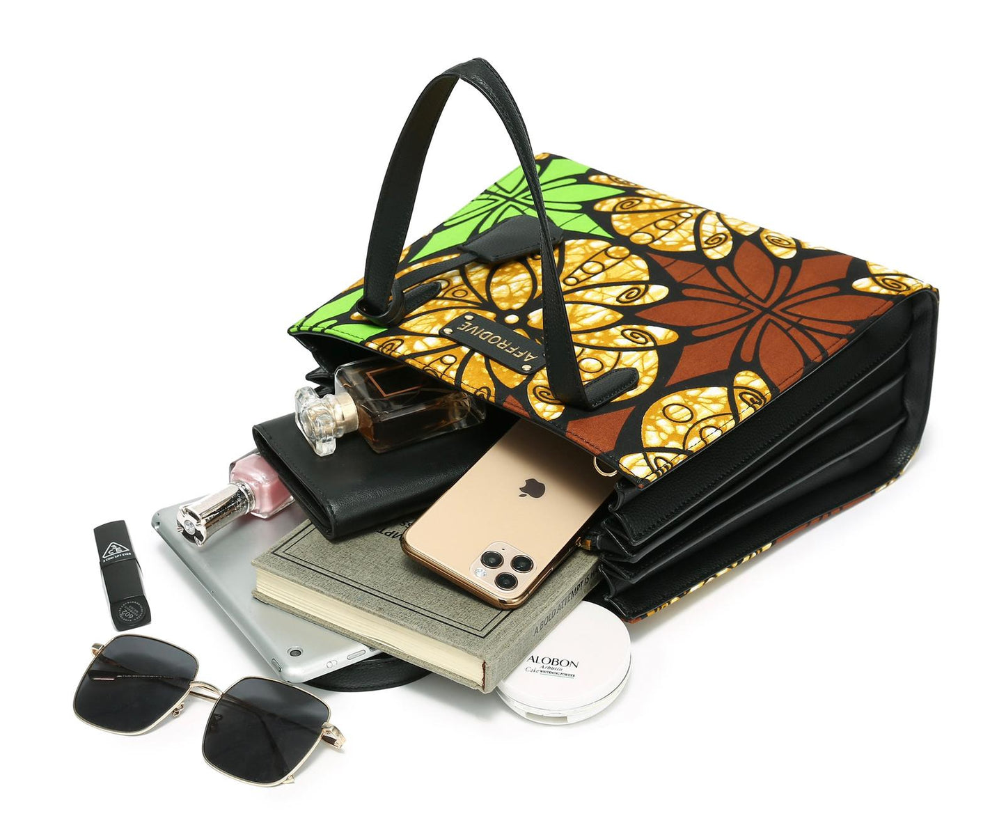 Gold,Brown Green Black and White Coloured African Ankara Print And Leather Handbag, Black Leather Handle, zipper, Spacious Easy to Handle African Print Handbag