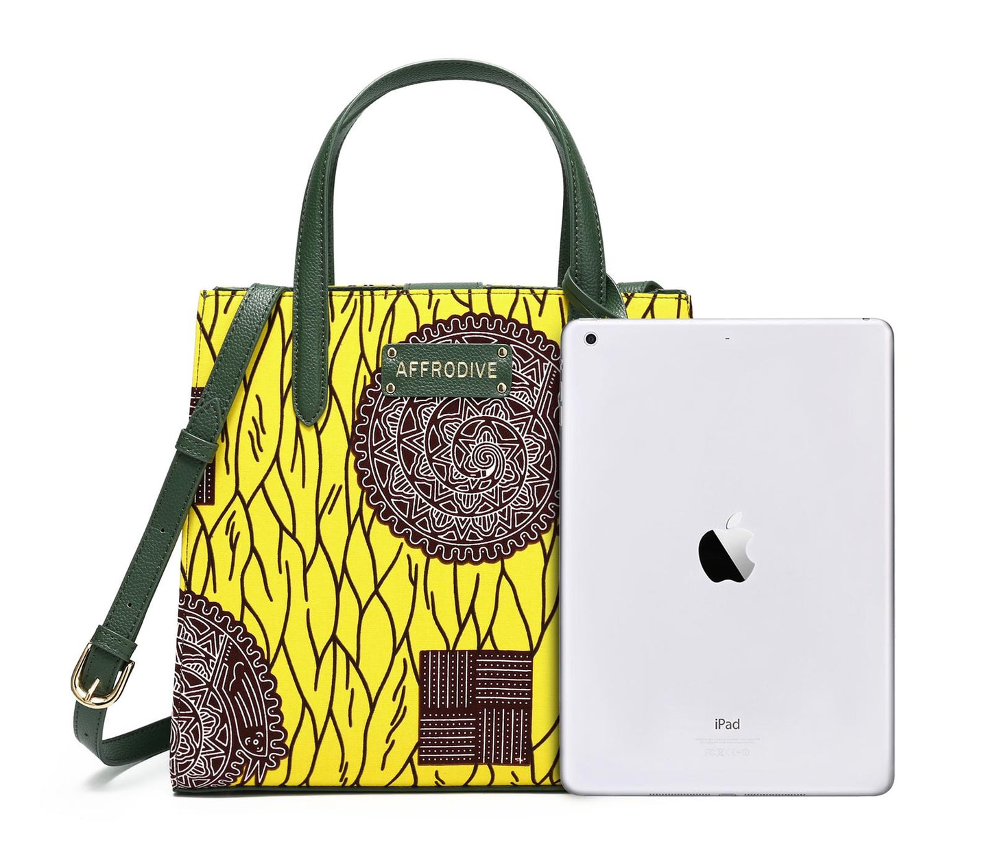 Yellow, Brown and White African Ankara Print And Leather Handbag, Green Leather Handle, zipper, Spacious Easy to Handle African Print Handbag