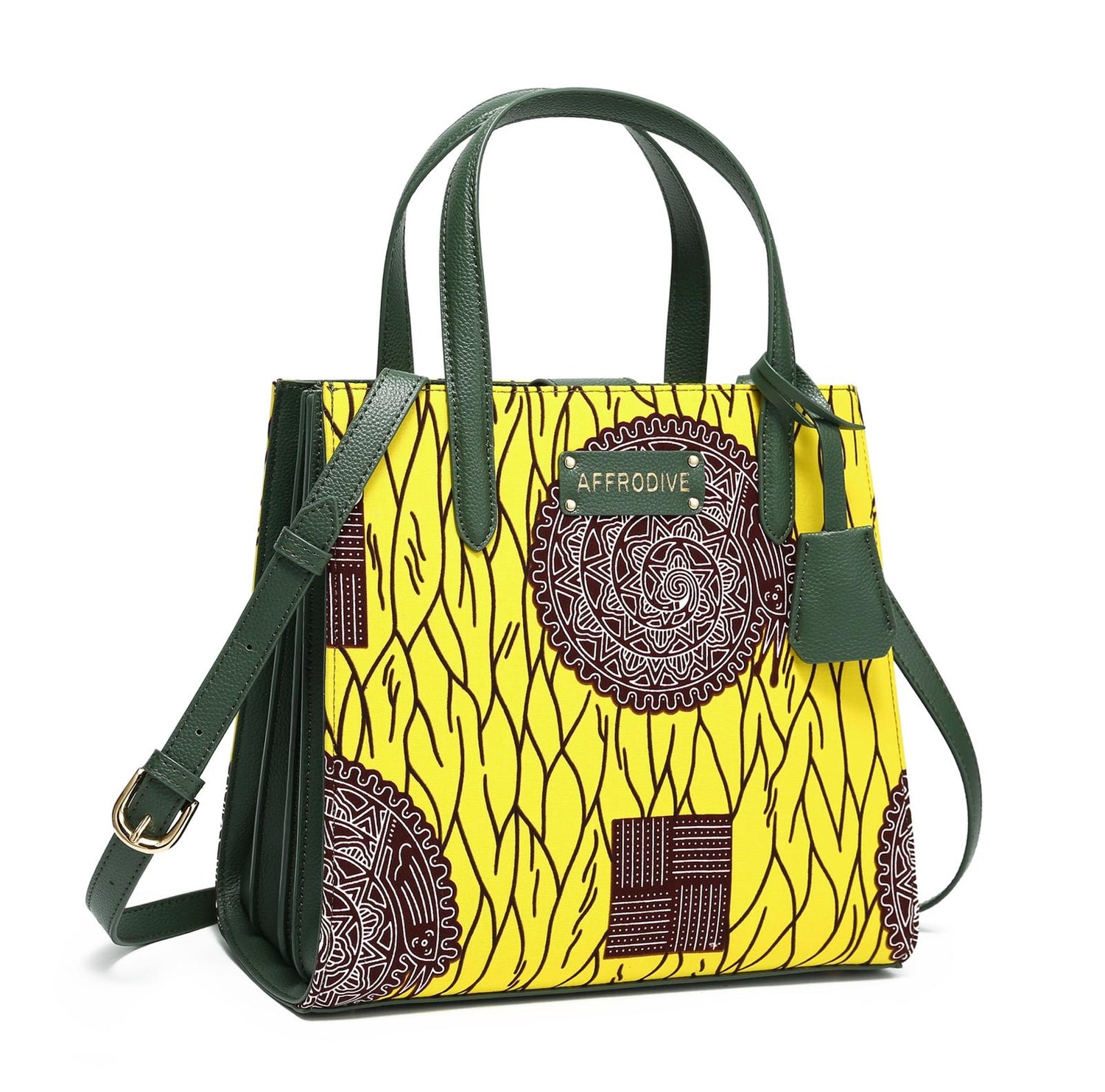 Yellow, Brown and White African Ankara Print And Leather Handbag, Green Leather Handle, zipper, Spacious Easy to Handle African Print Handbag