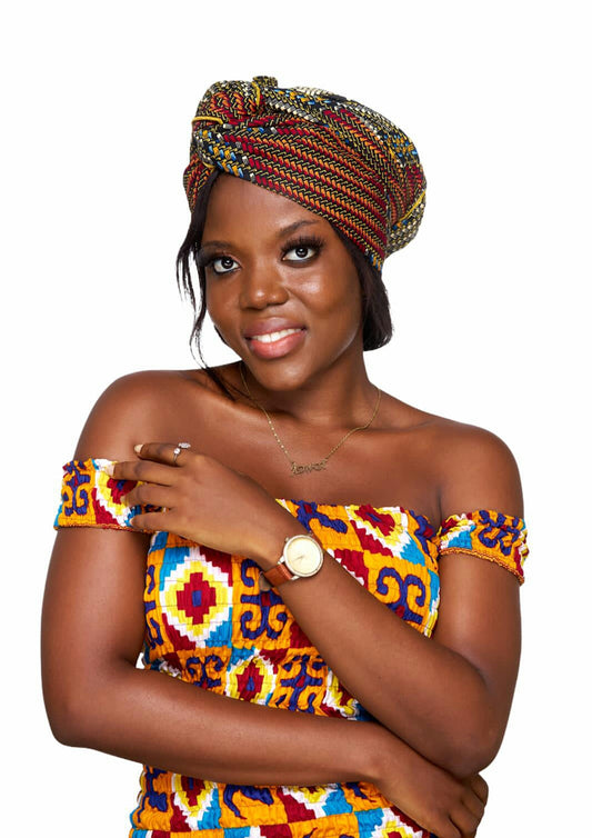 Red, Black,Gold, Blue And White Art Print Ankara Detachable Silklined Headwrap