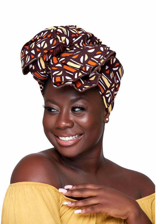 Brown, white and gold Coloured Well made Bogolan Print Detachable Silklined Headwrap