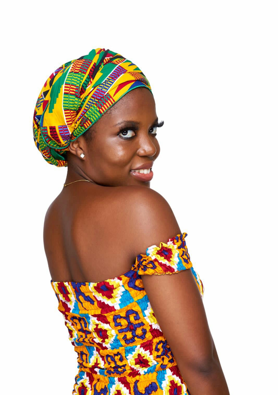 Red, Yellow,Green, Blue, Black White Stipped Ghanaian Kente Designed Cotton Print, Detachable Silklined Headwrap