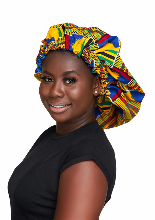Yellow, Green, Red, black And Blue Kente Print With Blue Silk Lined Hair Bonnet